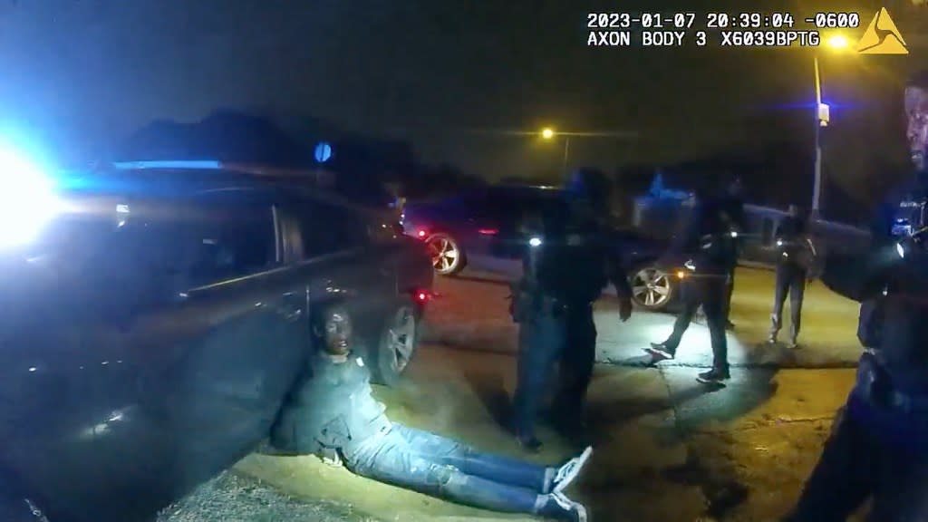 In this image taken from video released on Jan. 27, 2023, by the city of Memphis, Tenn., Tyre Nichols leans against a car after a brutal attack by five Memphis police officers on Jan. 7, in Memphis. (Photo credit: City of Memphis via AP, File)