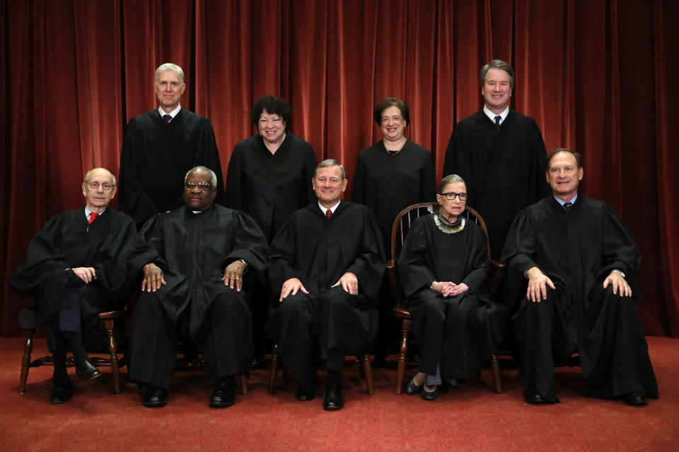 United States Supreme Court (front, from left): Associate Justice Stephen Breyer, Associate Justice Clarence Thomas, Chief Justice John Roberts, Associate Justice Ruth Bader Ginsburg (died 2020), Associate Justice Samuel Alito, Jr.; (back) Associate Justice Neil Gorsuch, Associate Justice Sonia Sotomayor, Associate Justice Elena Kagan, and Associate Justice Brett Kavanaugh. (Photo by Chip Somodevilla/Getty Images)