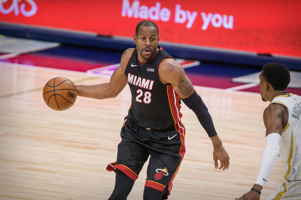 Jan 1, 2021; Dallas, Texas, USA; Miami Heat guard Andre Iguodala (28) brings the ball up court against the Dallas Mavericks during the second half at the American Airlines Center. Mandatory Credit: Jerome Miron-USA TODAY Sports