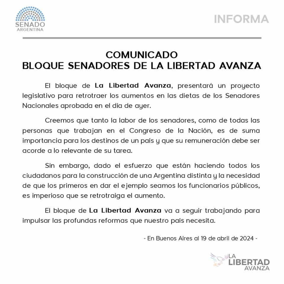 El comunicado que difundió la bancada de La Libertad Avanza.