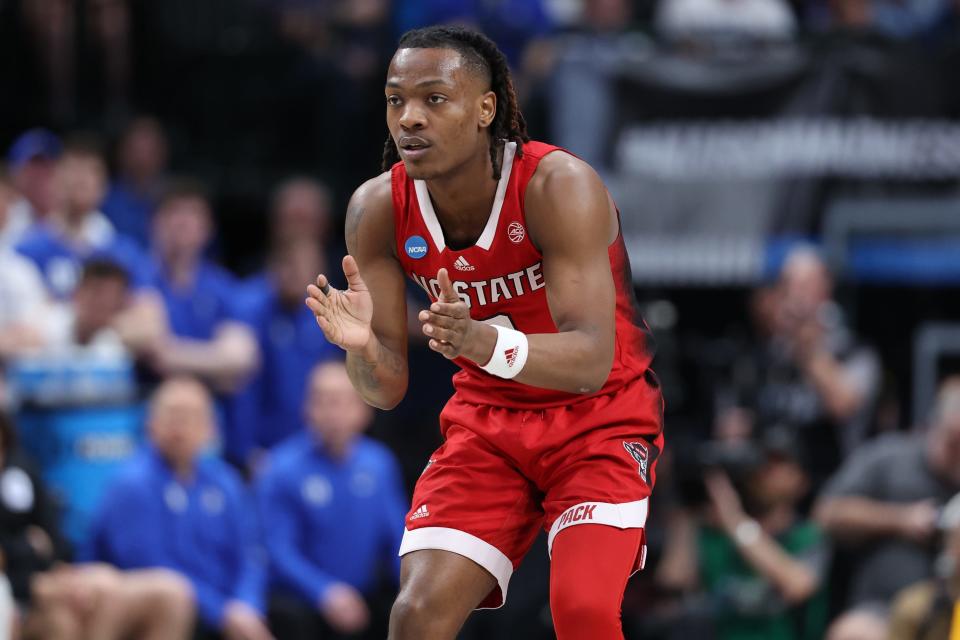 North Carolina State Wolfpack guard DJ Horne (0) reacts in the second half against the Duke Blue Devils in the finals of the South Regional of the 2024 NCAA Tournament at American Airline Center in Dallas on March 31, 2024.