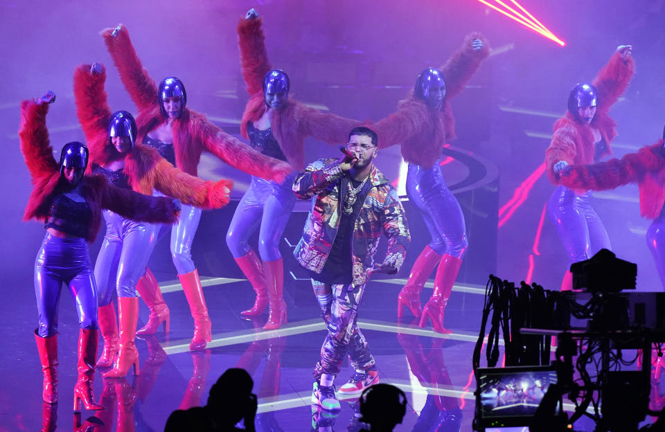 Anuel AA performs for the 21st Latin Grammy Awards, airing on Thursday, Nov. 19, 2020, at American Airlines Arena in Miami. (AP Photo/Marta Lavandier)