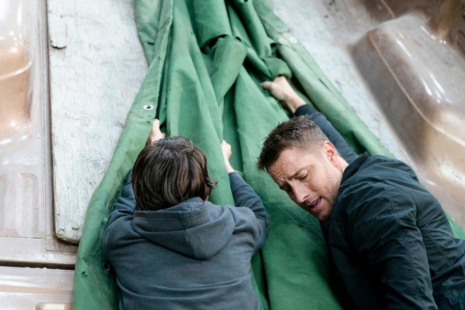 Colter Shaw (Justin Hartley, right) gets in a nasty scrape making a rescue on "Tracker."