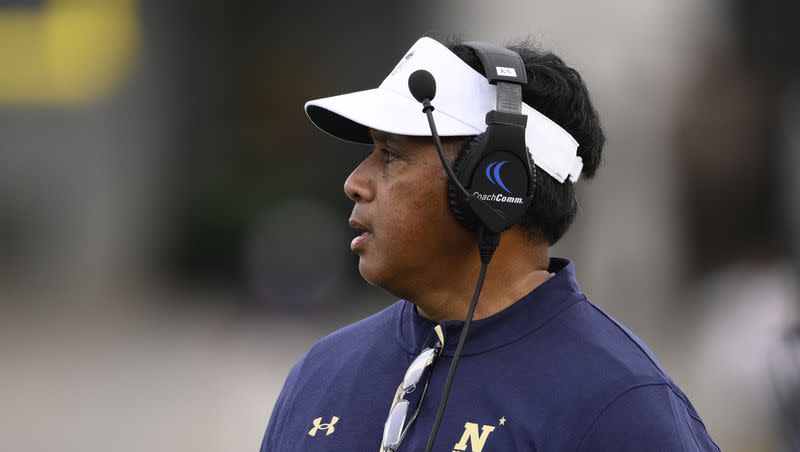 Navy head coach Ken Niumatalolo looks on during game against Memphis, Saturday, Sept. 10, 2022, in Annapolis, Md. On Friday, UCLA announced Niumatalolo is the Bruins’ new tight ends coach.