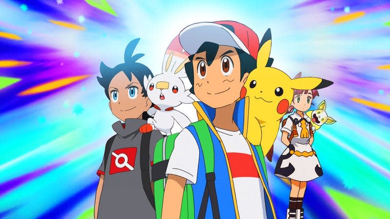 Goh, Ash, and Chloe are seen standing in front of a colorful background, with Scorbunny, Pikachu, and Yamper sitting on their shoulders, respectively.