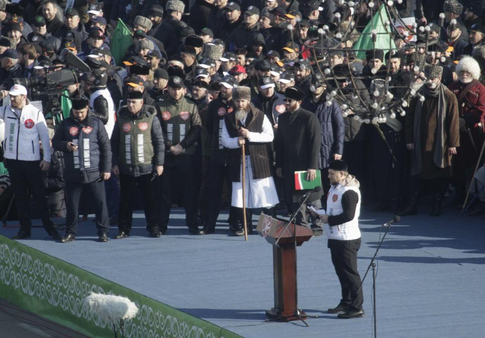 Chechen leader Ramzan Kadyrov delivers a speech during a rally to protest against satirical cartoons of prophet Mohammad, in Grozny, Chechnya