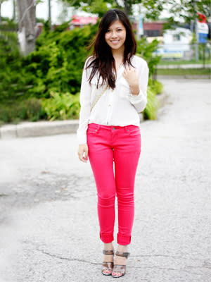 Bright coral jeans