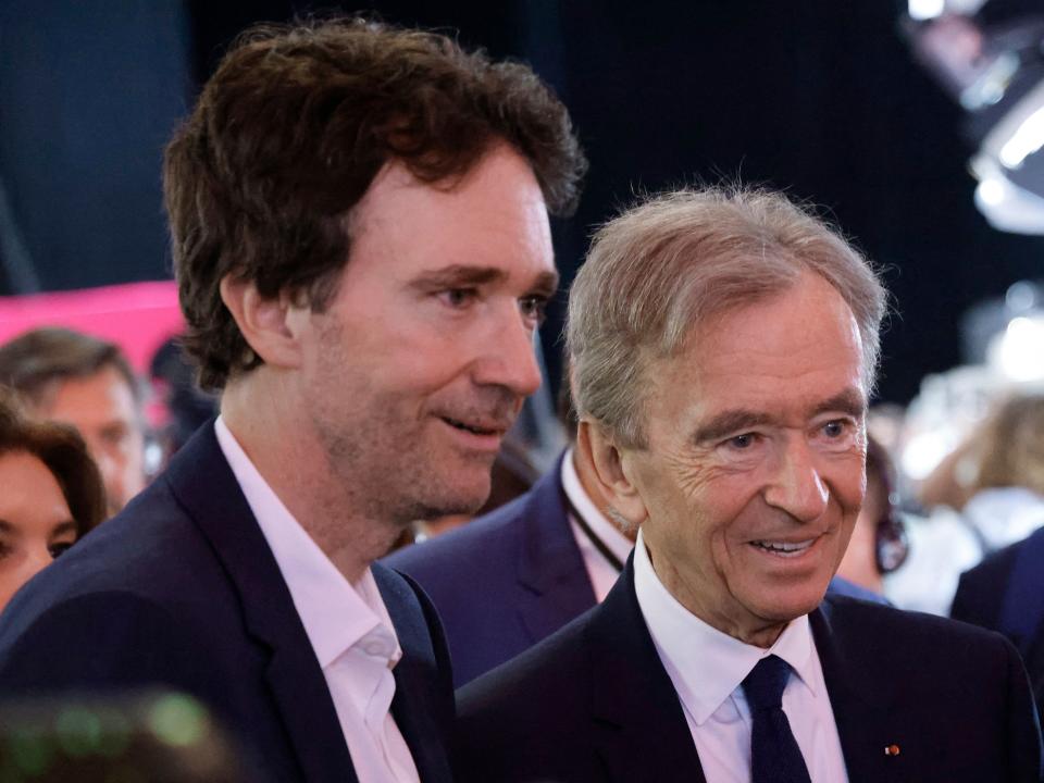 Antoine Arnault with his father Bernard Arnault, the CEO of LVMH, at the VivaTech conference in Paris June 16