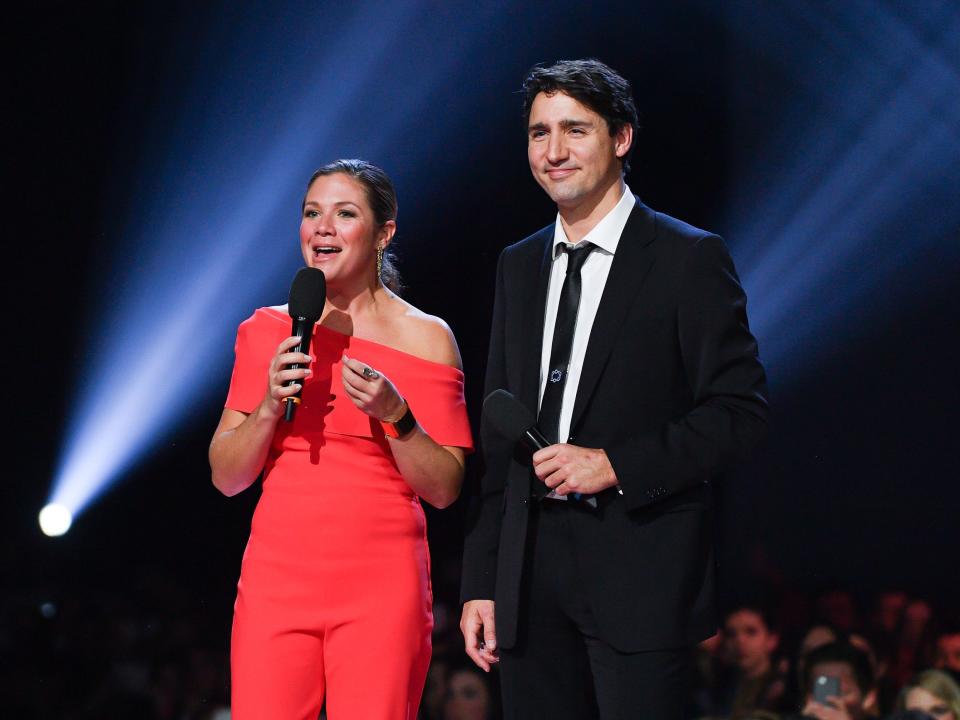 Sophie Gregoire Trudeau and Prime Minister of Canada Justin Trudeau speak at the 2017 Juno Awards at Canadian Tire Centre on April 2, 2017 in Ottawa, Canada.