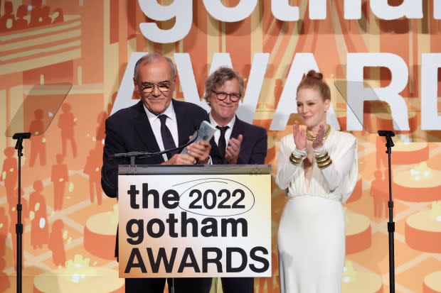 NEW YORK, NEW YORK - NOVEMBER 28: (L-R) Alberto Barbera accepts the Gotham Impact Salute onstage from Todd Haynes and Julianne Moore during The 2022 Gotham Awards at Cipriani Wall Street on November 28, 2022 in New York City. (Photo by Mike Coppola/Getty Images for The Gotham Film & Media Institute)<p><a href="https://www.gettyimages.com/detail/1445311052" rel="nofollow noopener" target="_blank" data-ylk="slk:Mike Coppola/Getty Images;elm:context_link;itc:0;sec:content-canvas" class="link ">Mike Coppola/Getty Images</a></p>