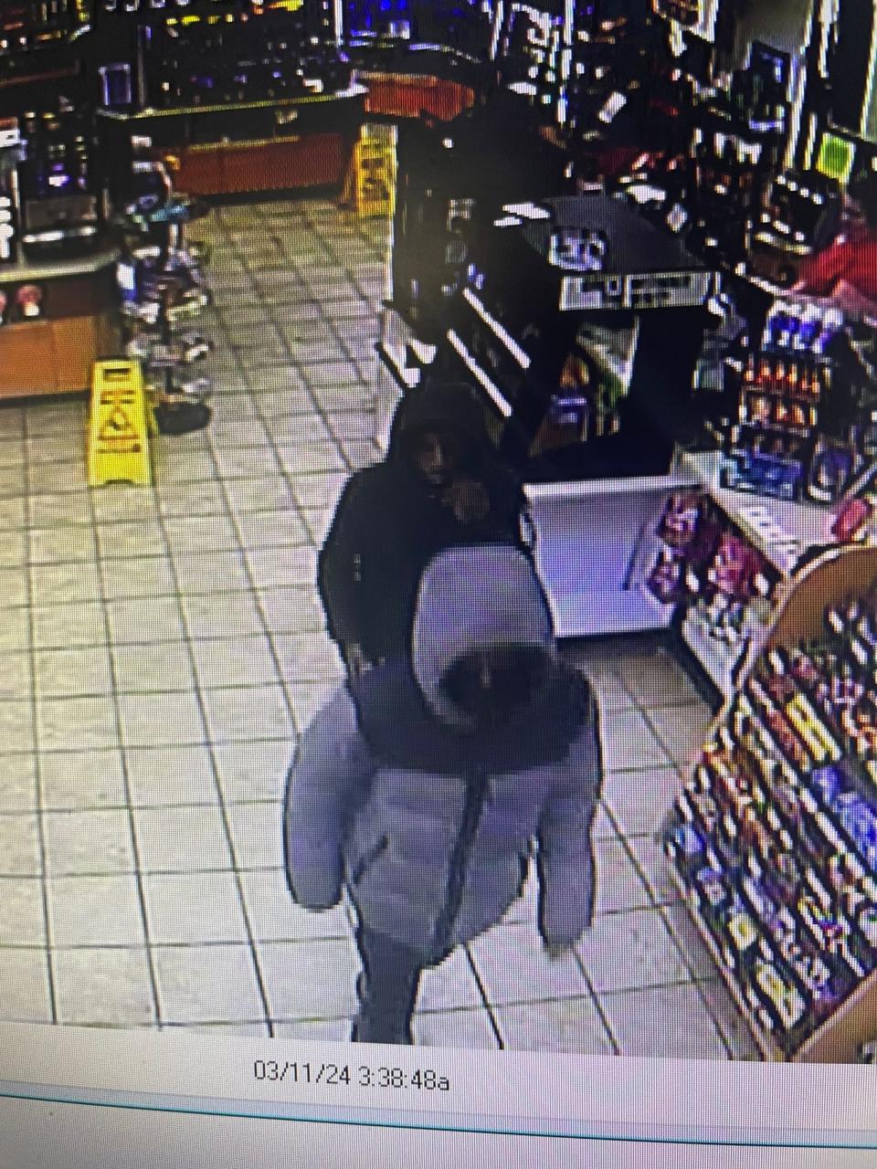 Suspects in the theft of two Dodge Chargers from CR Chrysler Dodge Jeep Ram of Adrian on Monday are pictured at about the time of the theft at the Speedway store on South Main Street in Adrian.