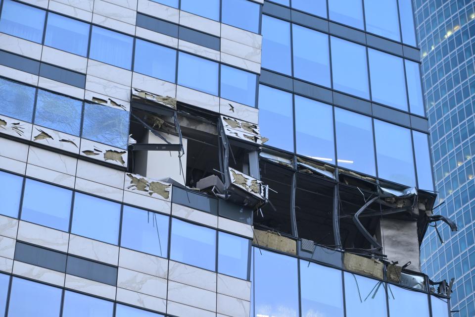 A view of the damaged skyscraper is shown in the Moscow City business district after a reported drone attack early Sunday.