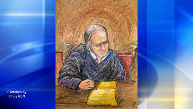 This sketch shows suspect Robert Bowers while the 9th potential juror was being interviewed (juror #58).