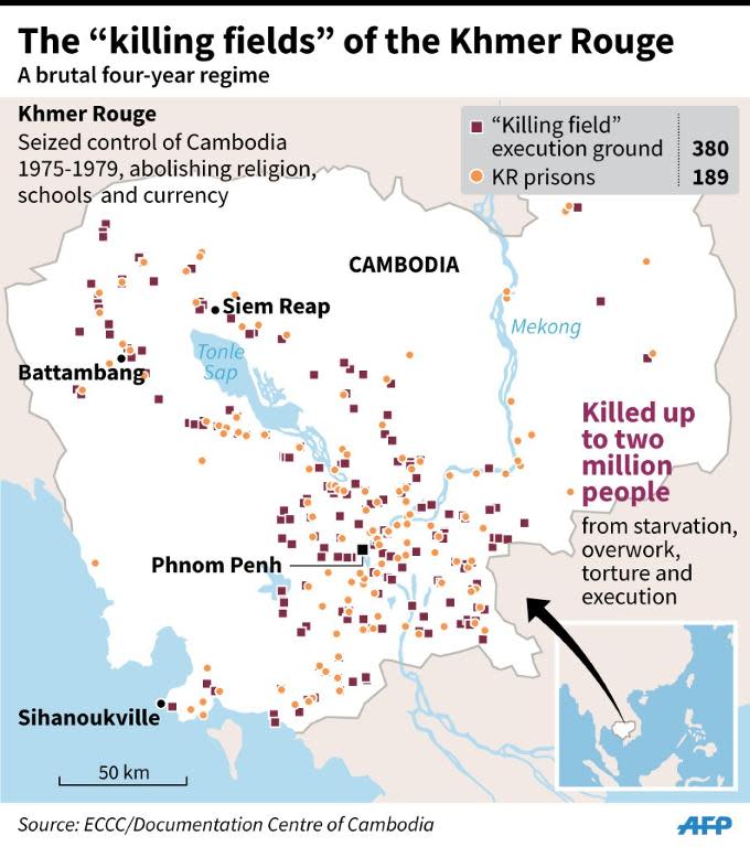 Graphic showing the extensive network of detention centres and "killing fields" established by Cambodia's Khmer Rouge in the 1970s