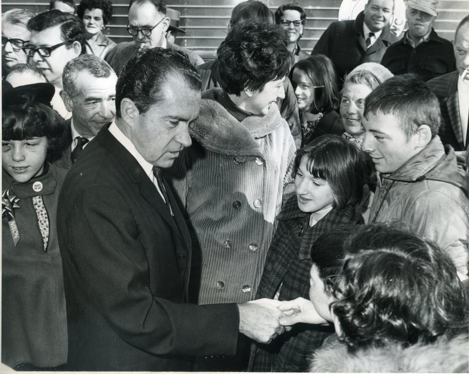 Republican presidential candidate (and later president) Richard M. Nixon campaigns in 1968 at the University of New Hampshire. The photo is one of many featured in an exhibit opening Feb. 16 at the Portsmouth Athenaeum, "First in the Nation: New Hampshire Presidential Primaries -- 1920 to 2020."