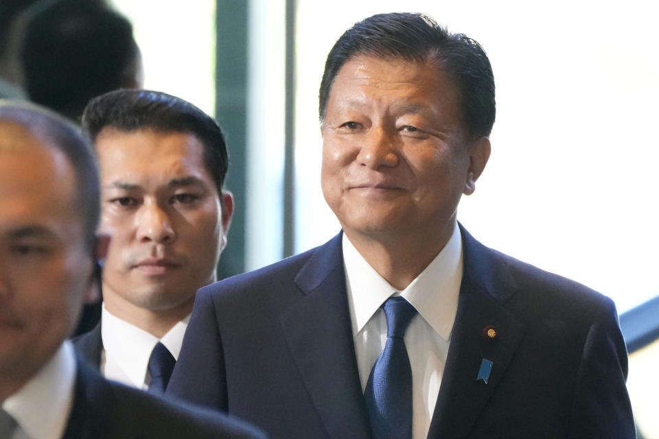 Yoshitaka Shindo, newly appointed Economy and Revitalization Minister, arrives at the prime minister's office Wednesday, Sept.13, 2023, in Tokyo, Japan. Prime Minister Fumio Kishida is shuffling his Cabinet and key party posts Wednesday in an apparent attempt to balance power within the governing party and strengthen his position before a leadership vote next year.(AP Photo/Eugene Hoshiko)