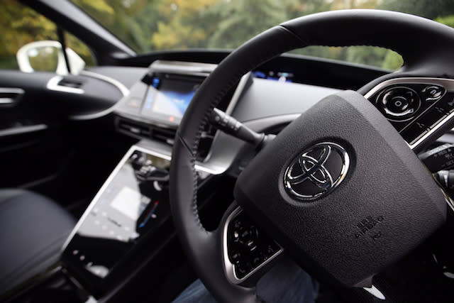 The dashboard of the first mass production dedicated Hydrogen fuel cell vehicle, the Toyota Mirai, goes through it paces in Denham, Buckinghamshire.