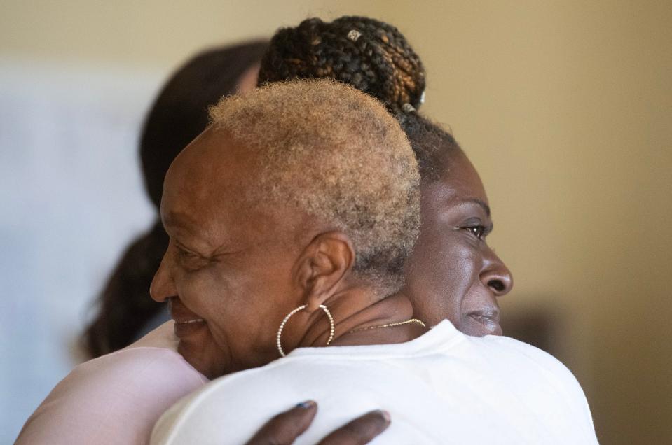 Monica Lee, right, the mother of Damien Cameron, a Black man who died in 2021 after former Rankin County sheriff deputy Hunter Elward allegedly punched and tased him during an arrest, is hugged by Cameron’s grandmother Annie Morris after exiting a Rankin County courtroom Monday. Elward is one of six former law enforcement officers who pleaded guilty to state charges on Monday for torturing two Black men in a racist assault that occurred in Rankin County in January.