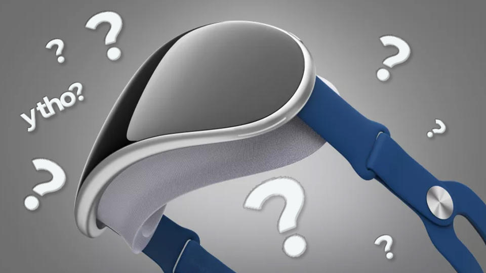 A mockup of the apple headset surrounded by question marks