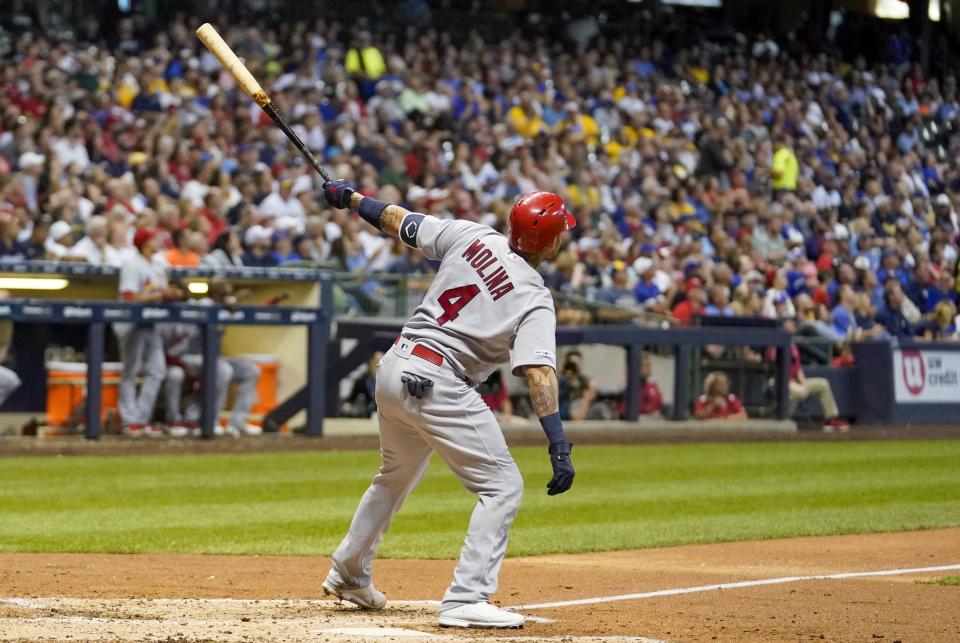 St. Louis Cardinals' Yadier Molina hits a two-run home run during the seventh inning of a baseball game against the Milwaukee Brewers Tuesday, Aug. 27, 2019, in Milwaukee. (AP Photo/Morry Gash)