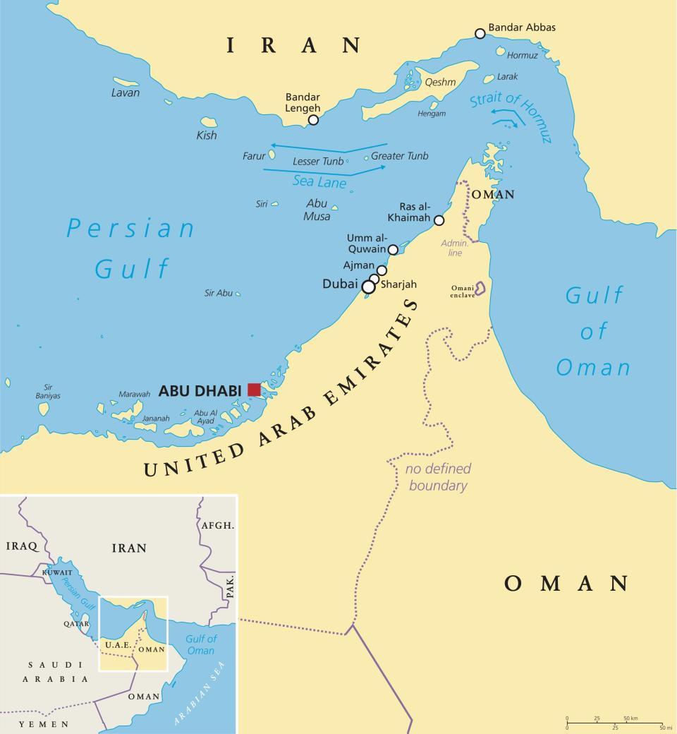 Strait of Hormuz, Abu Musa and the Tunbs political map. The Strait is the only sea passage from Persian Gulf to Arabian Sea and one of the most strategically important choke points in world | Peter Hermes Furian—Getty Images