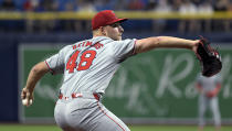 Los Angeles Angels starter Reid Detmers pitches against the Tampa Bay Rays during the first inning of a baseball game Wednesday, April 17, 2024, in St. Petersburg, Fla. (AP Photo/Steve Nesius)