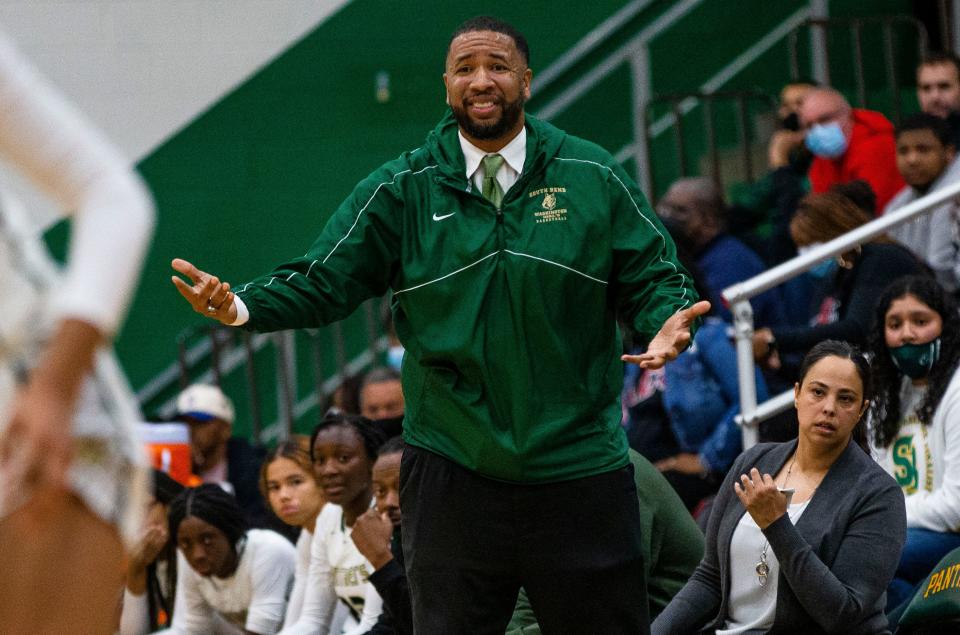 Washington head coach Steve Reynolds during the Washington vs. Marian girls basketball game Thursday, Nov. 11, 2021 at Washington High School. 