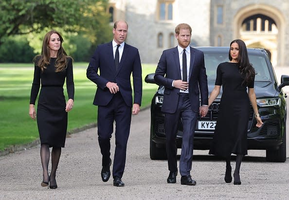 <div class="inline-image__caption"><p>Catherine, Princess of Wales, Prince William, Prince of Wales, Prince Harry, Duke of Sussex, and Meghan, Duchess of Sussex, arrive to view flowers and tributes to Queen Elizabeth on Sept. 10, 2022, in Windsor, England.</p></div> <div class="inline-image__credit">Chris Jackson/Getty</div>