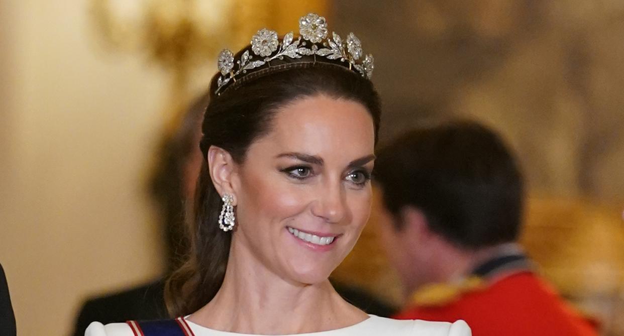 Kate Middleton wearing the Strathmore Rose royal tiara at a state visit. (Getty Images)