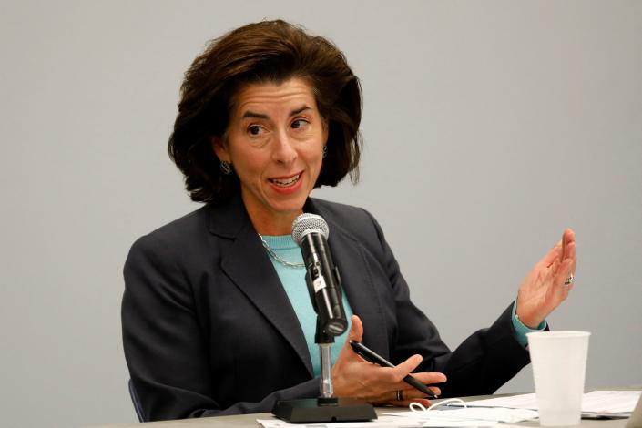 US Commerce Secretary Gina Raimondo discusses the impact of the semiconductor chip shortage at UAW Region 1A office in Taylor, Michigan on November 29, 2021. (Photo by JEFF KOWALSKY / AFP) (Photo by JEFF KOWALSKY/AFP via Getty Images)