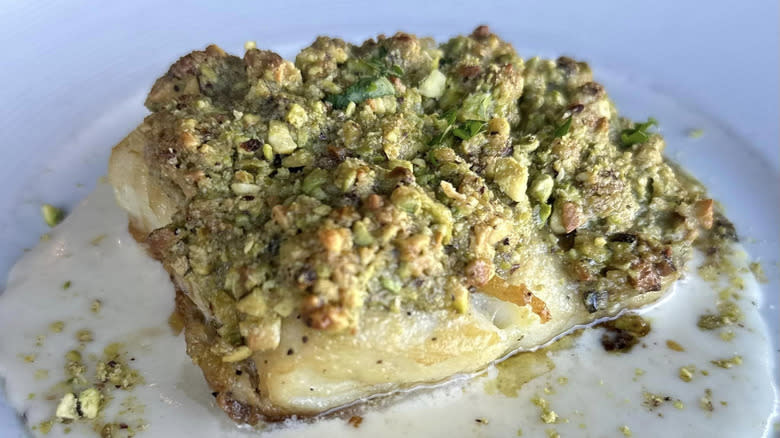 Luna Blu pistachio-crusted halibut