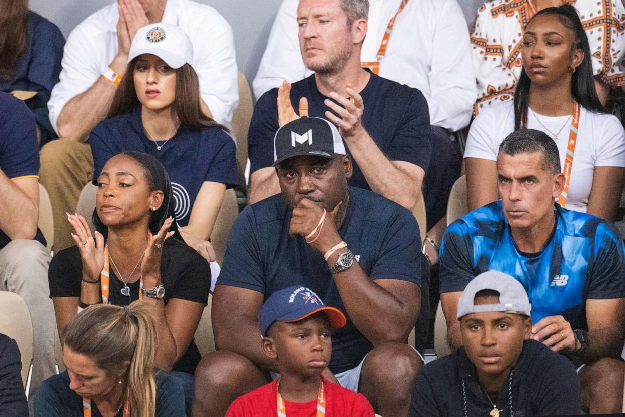 PHOTO: FILE = Candi Gauff, and Corey Gauff, parents of Coco Gauff and her coach Diego Moyano watching Coco Gauff against Iga Swiatek of Poland during the Singles Final for Women on Court Philippe Chatrier at the 2022 French Open (Tim Clayton/Corbis via Getty Images, FILE)