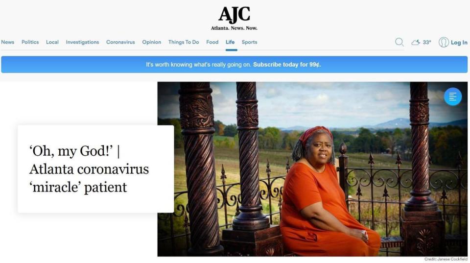珍妮絲對抗病魔的故事被《亞特蘭大憲法報》以「奇蹟」為標題報導出來。（翻攝自AJC網站）
