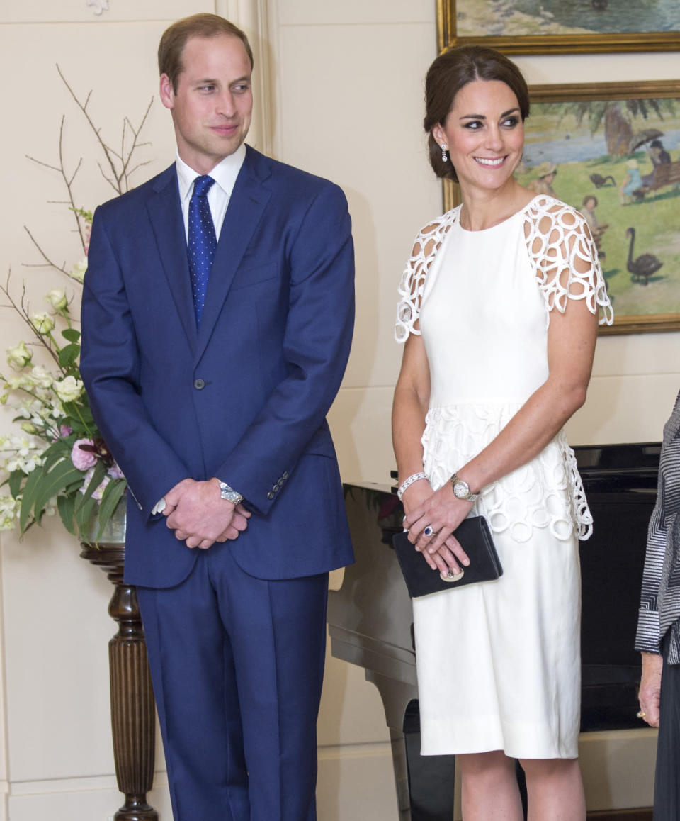 <p>During a reception at Government House in Canberra, the Duchess rocked a crisp white dress that highlighted her slim figure. <i>[Photo: Rex]</i><br></p>