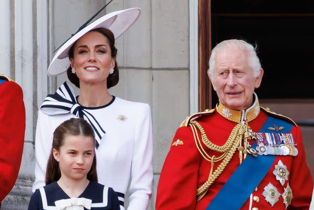 <p>TOLGA AKMEN/EPA-EFE/Shutterstock </p> Kate Middleton, Princess Charlotte and King Charles on the balcony of Buckingham Palace at Trooping the Colour on June 15, 2024.