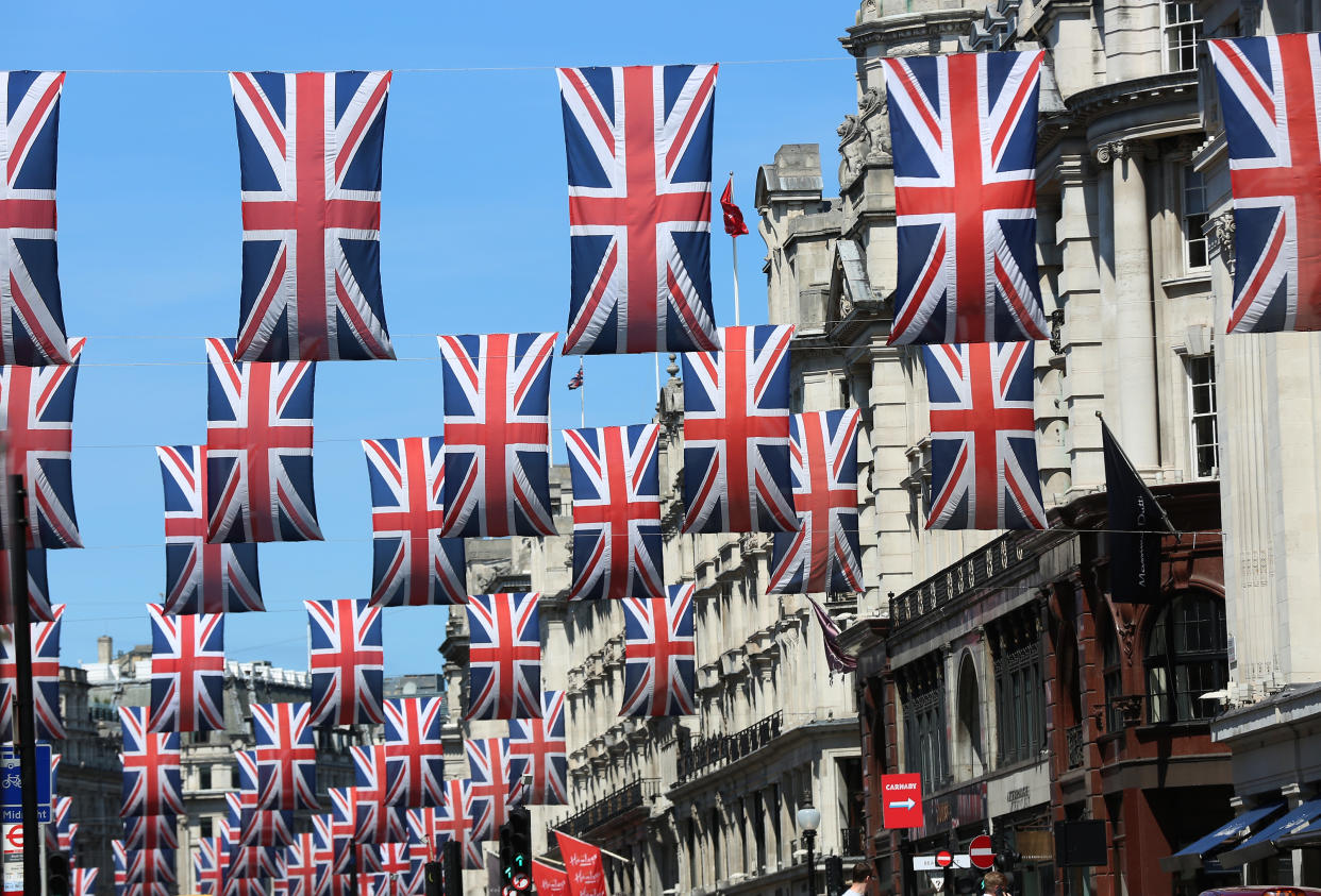 London’s Regent Street decorated in Union flags – but not everyone is excited about the royal wedding (Picture: PA)