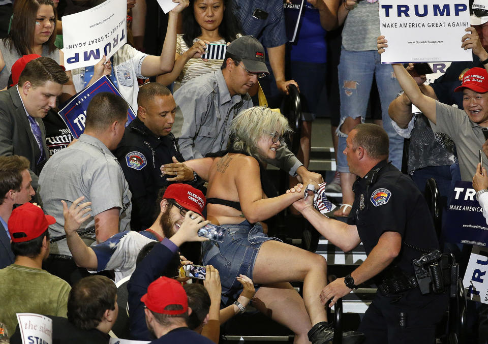 <p>A protester is removed during a speech by Republican presidential candidate Donald Trump at a campaign event in Albuquerque, N.M., Tuesday, May 24, 2016. (AP Photo/Brennan Linsley) </p>