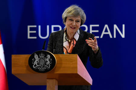 Britain's Prime Minister Theresa May speaks at a news conference during the EU Summit in Brussels, Belgium, March 9, 2017. REUTERS/Dylan Martinez