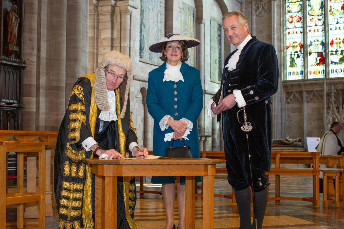 Pat Churchward with Sir Andrew  McFarlane (left) and Robert Robinson (right), the outgoing High Sheriff of Herefordshire. <i>(Image: Submitted by Pat Churchward)</i>