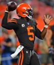 Sep 20, 2018; Cleveland, OH, USA; Cleveland Browns quarterback Tyrod Taylor (5) warms up before the game against the New York Jets at FirstEnergy Stadium. Mandatory Credit: David Dermer-USA TODAY Sports