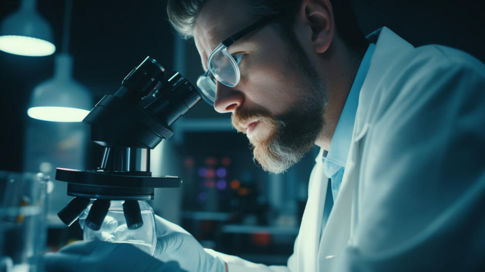 Close-up of a laboratory scientist in a white coat peering through a microscope.