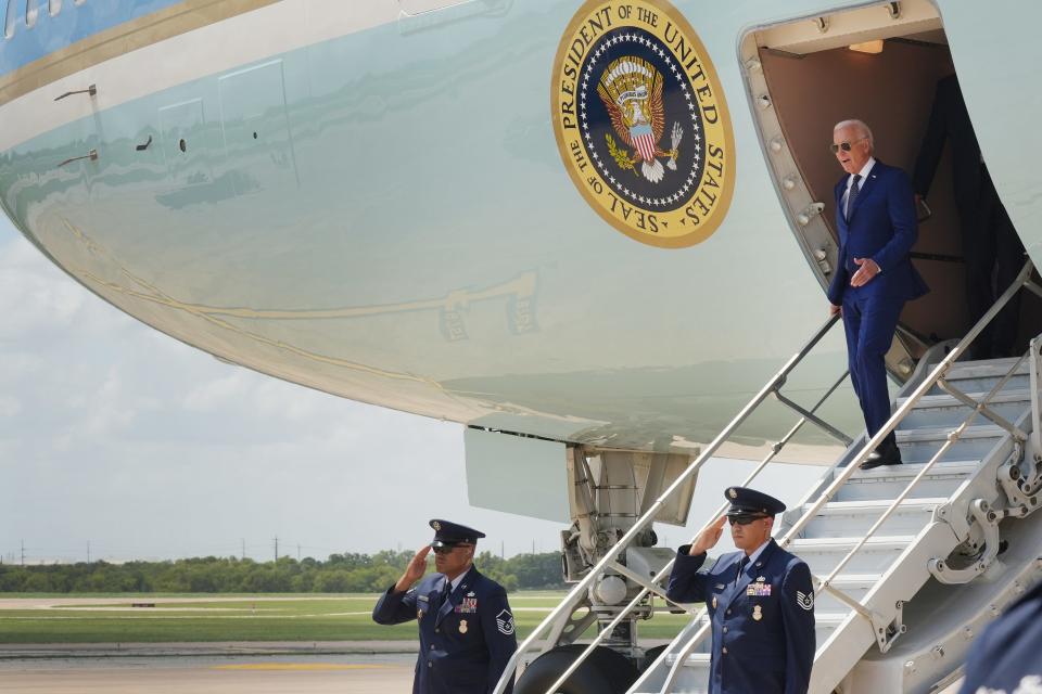 President Joe Biden, traveling aboard Air Force One, is greeted as he lands at Austin-Bergstrom International Airport at 2:48 p.m. Monday, July 29, 2024, to commemorate the 60th anniversary of the Civil Rights Act during a ceremony at the LBJ Presidential Library.