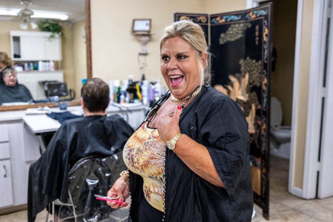 Gina Shelley styles hair at La Petite Hair Salon in Myrtle Beach. Shelley co-owned Tangulls Hair Salon in the reality television show “Welcome to Myrtle Manor” filmed from 2012-2015 in Patricks Mobile Home Park. July 19, 2023.