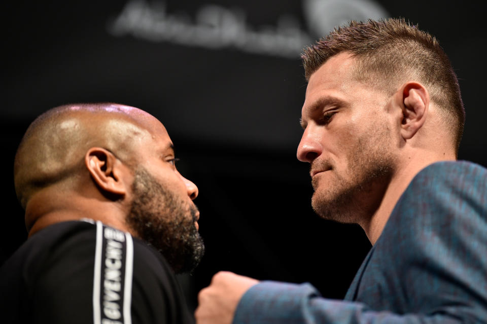 LAS VEGAS, NEVADA - JULY 05:  (R-L) Stipe Miocic and Daniel Cormier face off during the UFC seasonal press conference at T-Mobile Arena on July 5, 2019 in Las Vegas, Nevada. (Photo by Chris Unger/Zuffa LLC/Zuffa LLC via Getty Images)