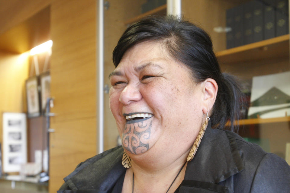 New Zealand's Foreign Minister Nanaia Mahuta speaks during an interview in her office Wednesday, Nov. 25, 2020, in Wellington, New Zealand. Mahutu is the first Indigenous Maori woman to be appointed foreign minister in New Zealand, and promises to bring a new perspective to the role. (AP Photo/Nick Perry)