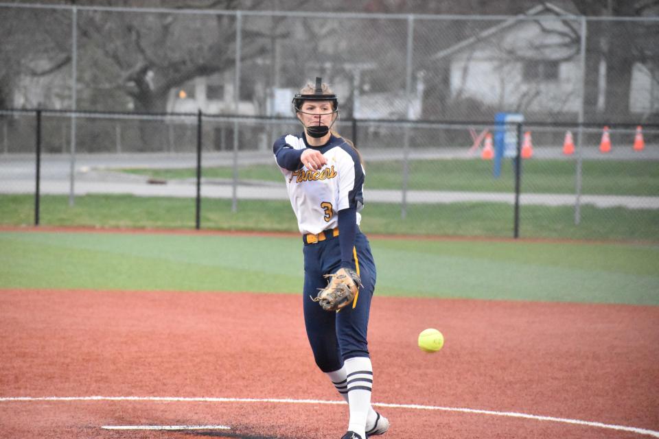 Mooresville's Alex Cooper releases a pitch during the Pioneers' non-conference matchup with Shelbyville on March 31, 2022.