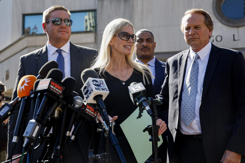 Beth Holloway speaks to media after the appearance of Joran van der Sloot outside the Hugo L. Black Federal Courthouse Wednesday, Oct. 18, 2023, in Birmingham, Ala. Van der Sloot, the chief suspect in Natalee Holloway’s 2005 disappearance in Aruba admitted he killed her and disposed of her remains, and has agreed to plead guilty to charges he tried to extort money from the teen's mother years later, a U.S. judge said Wednesday. (AP Photo/ Butch Dill )