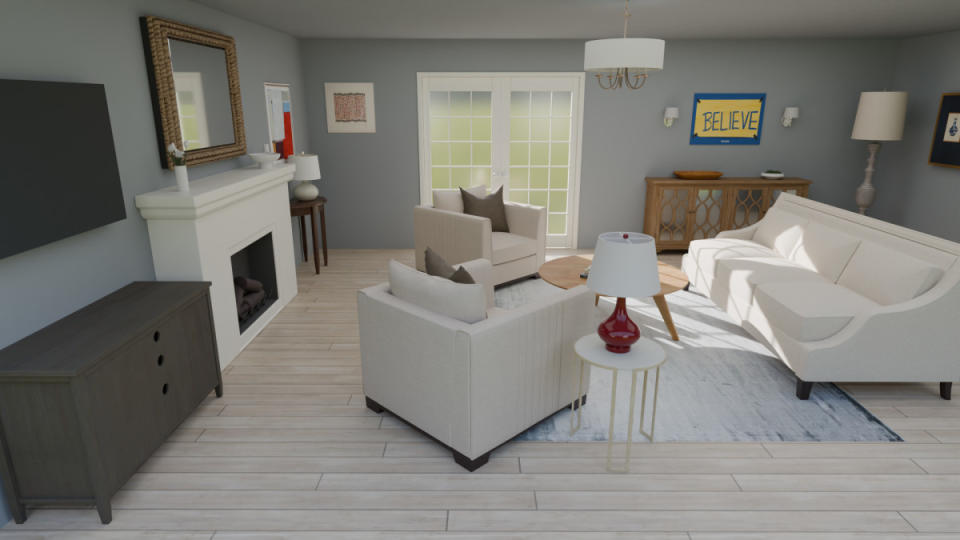 <p>Houzz</p><p>Traditional decor and architectural details inspired this living room, where you might imagine a coach catching the latest football match. The captivating series inspired:</p><ul><li>Interior French doors</li><li>A fireplace</li><li>Four tall arched windows are a dramatic design element</li><li>Laminate plank flooring</li><li>Walls in <a href="https://www.sherwin-williams.com/en-us/color/color-family/neutral-paint-colors/sw9161-dustblu" rel="nofollow noopener" target="_blank" data-ylk="slk:Sherwin-Williams’ Dustblu;elm:context_link;itc:0;sec:content-canvas" class="link ">Sherwin-Williams’ Dustblu</a></li></ul><p><strong>Tour the <a href="https://pro.houzz.com/manage/floorplans/share/199282779" rel="nofollow noopener" target="_blank" data-ylk="slk:3D Floor Plan;elm:context_link;itc:0;sec:content-canvas" class="link ">3D Floor Plan</a> and <a href="https://www.houzz.com/products/ted-lasso-living-room-sgbr-sg~gi_169432026" rel="nofollow noopener" target="_blank" data-ylk="slk:get the look;elm:context_link;itc:0;sec:content-canvas" class="link ">get the look</a> from this living room on the Houzz Shop.</strong></p>