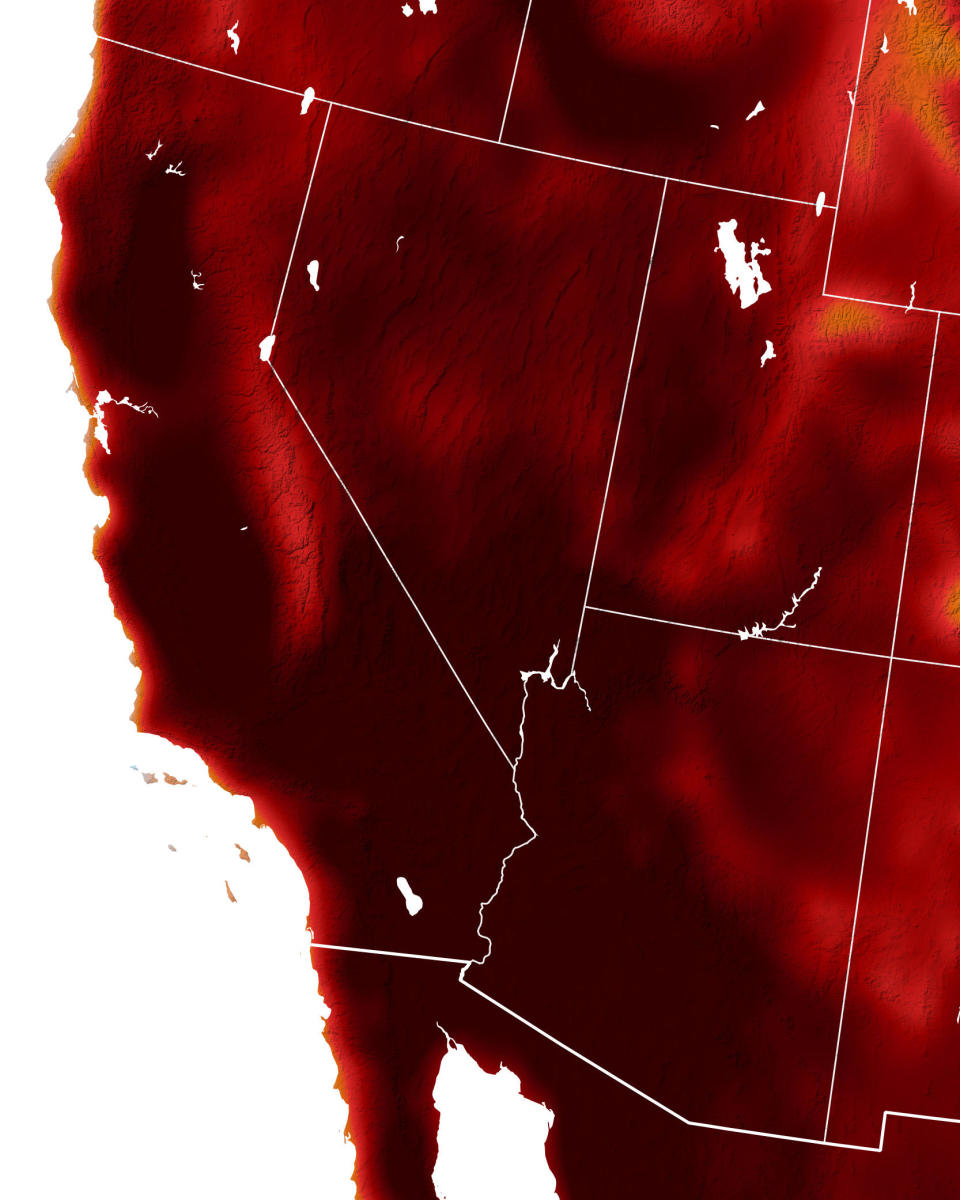 A NASA map which uses satellite images and the Goddard Earth Observing System model to show temperature highs across the U.S. on July 10, 2024. Dark red corresponds to temperatures above 104 degrees Fahrenheit.    / Credit: NASA Earth Observatory images