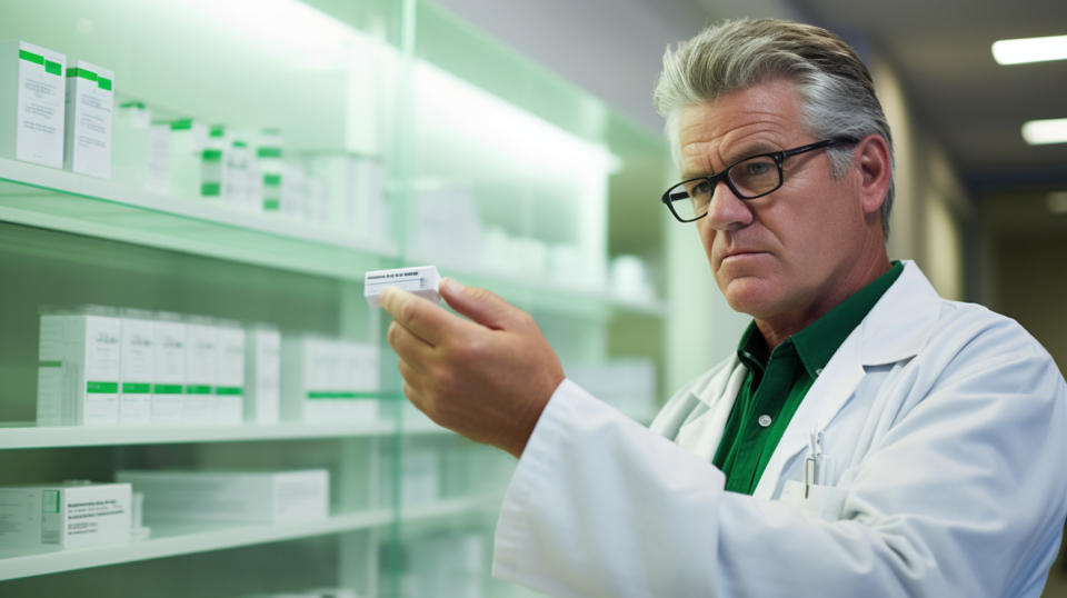 A pharmacist showing a patient a green sublingual film formulation with buprenorphine and naloxone.